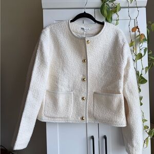 Reformation 'Dale' Cropped Teddy Jacket with Gold Buttons in Cream